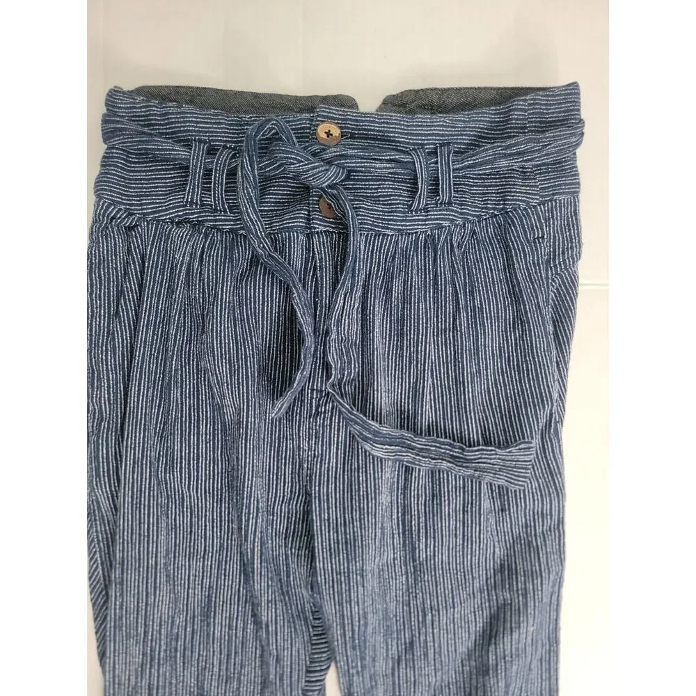 Free People Harem Pants SZ 6 Cotton Yarn Dye Navy Striped Tie Button Pleated - Picture 5 of 12